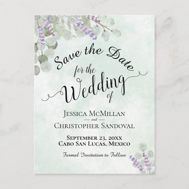 Eucalyptus & Lavender Mint Wedding Save the Date Announcement Postcard (Front)
