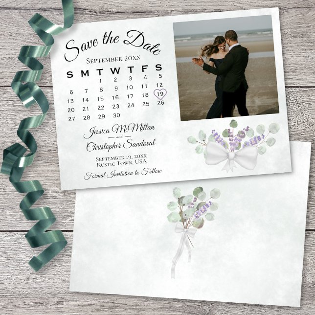 Eucalyptus & Lavender Photo & Calendar Wedding Save The Date (In Situ Front/Back)