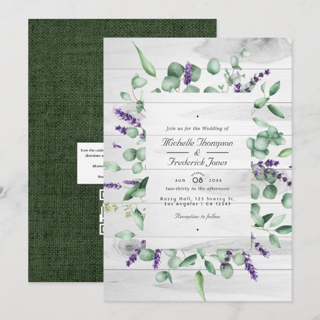 Eucalyptus Lavender Rustic Country QR Code Wedding Invitation (Front/Back)
