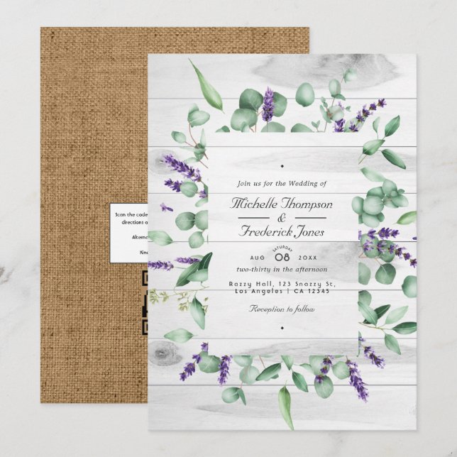 Eucalyptus Lavender Rustic Country QR Code Wedding Invitation (Front/Back)