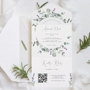 Eucalyptus Lavender Script QR Code Spring Wedding All In One Invitation