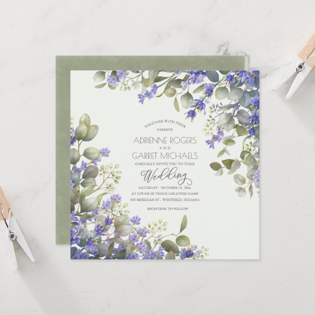 Eucalyptus & Lavender Square Wedding Invitation (Front/Back In Situ)