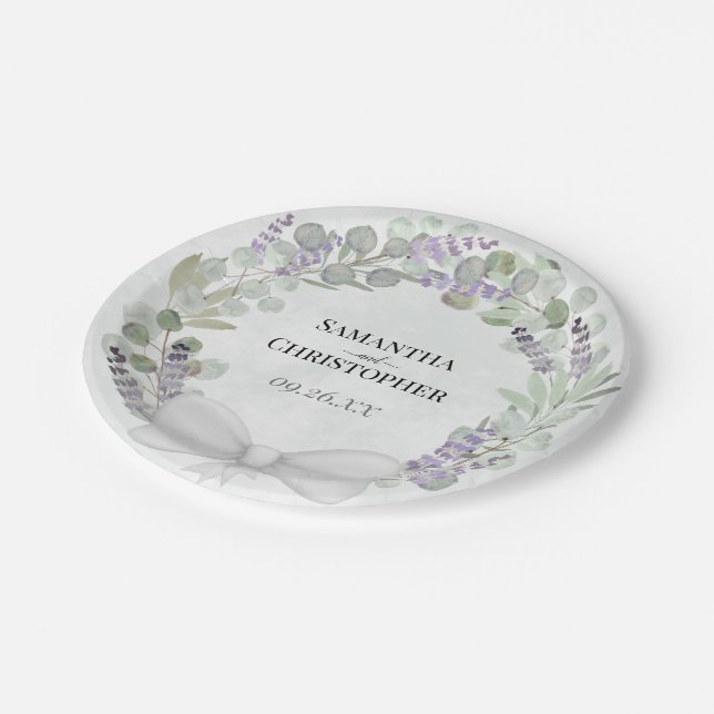 Eucalyptus & Lavender Wreath Watercolor Wedding Paper Plate (Angled)