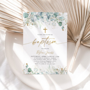 Eucalyptus Leaf and Gold Baptism Invitation