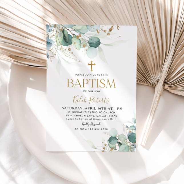 Eucalyptus Leaf and Gold Baptism Invitation (Creator Uploaded)