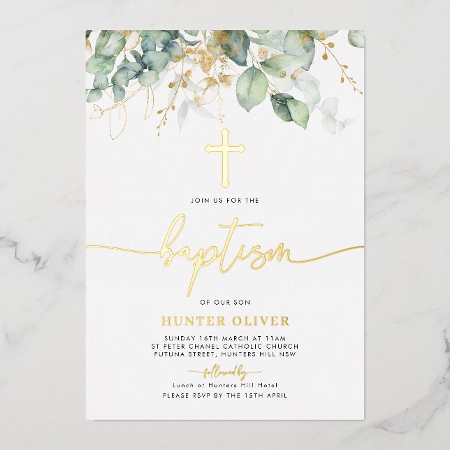 Eucalyptus Leaf Baptism Christening Foil Text (Front)