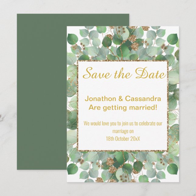 EUCALYPTUS LEAF GOLD SAGE SQUARE  SAVE THE DATE (Front/Back)
