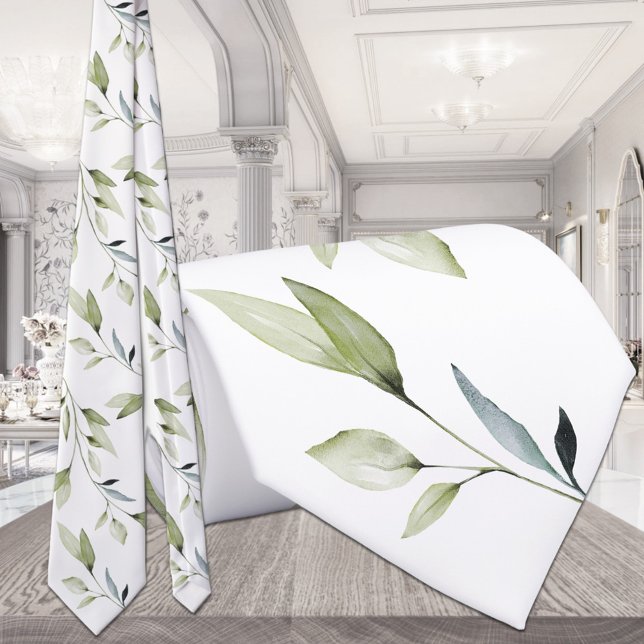 Eucalyptus Leaf Greenery Elegance White Wedding Tie (Creator Uploaded)