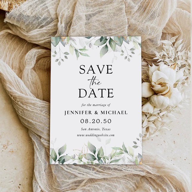 Eucalyptus Leaf Greenery Save The Date Card (Creator Uploaded)