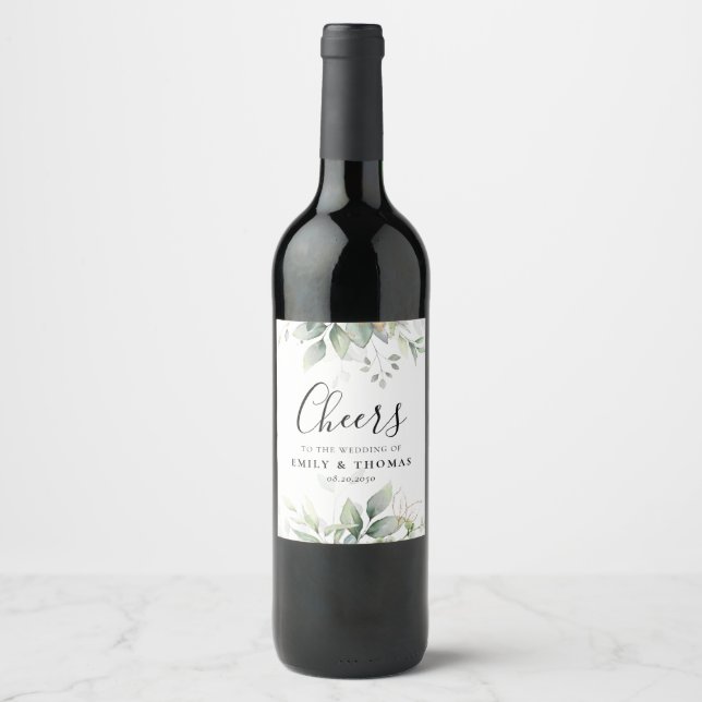 Eucalyptus Leaf Greenery Wedding Wine Label (Front)