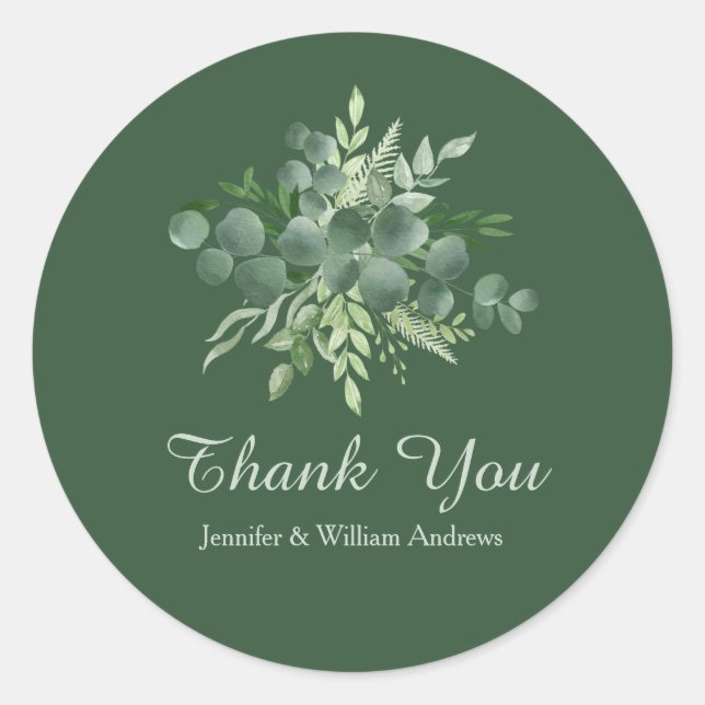  Eucalyptus Leaf Nature Greenery Script Thank You Classic Round Sticker (Front)