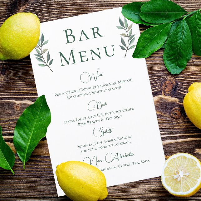 Eucalyptus Leaf Simple Botanical Wedding Bar Menu (Creator Uploaded)