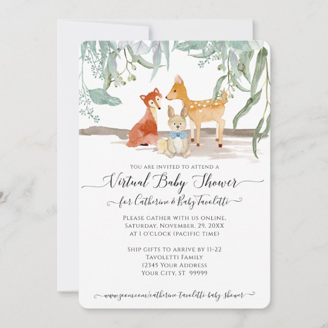 Eucalyptus Leaf Woods Deer Fox Baby Virtual Shower Invitation (Front)