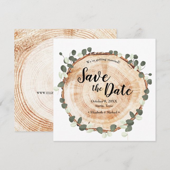Eucalyptus leaves and wood Wedding website QR code Save The Date (Front/Back)