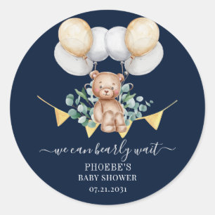 Eucalyptus Leaves Baby Shower Navy Bear & Balloons Classic Round Sticker