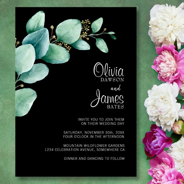 Eucalyptus Leaves Black Wedding Invitation (Creator Uploaded)