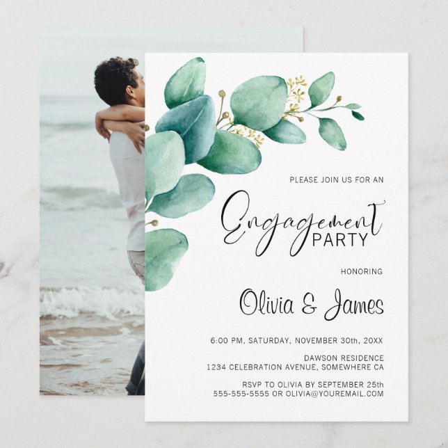 Eucalyptus Leaves Custom Photo Engagement Party Invitation (Front/Back)