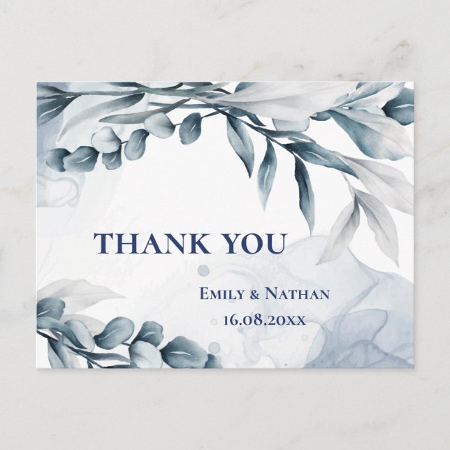 Eucalyptus Leaves Dusty Blue Wedding Thank you Postcard (Front)
