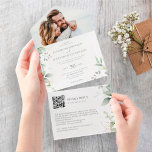 Eucalyptus leaves elegant photo QR code wedding All In One Invitation<br><div class="desc">Elegant and modern all-in-one wedding invitation featuring a chic botanical and classy bouquet of light and airy watercolor greenery and eucalyptus leaves complemented with glittery golden speckles (printed). Easily customize this card with your QR Code to direct your guests to your wedding website to RSVP online. This invitation is part...</div>