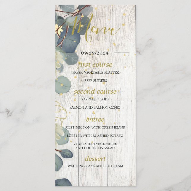 Eucalyptus Leaves Floral Rustic Wood Gold Wedding Menu (Front)