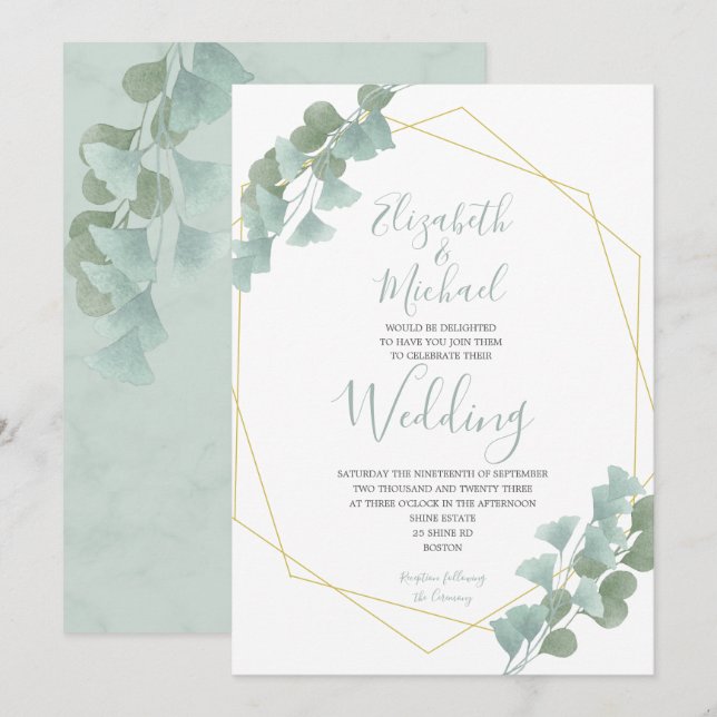 Eucalyptus Leaves Geometric Summer Elegant Wedding Invitation (Front/Back)