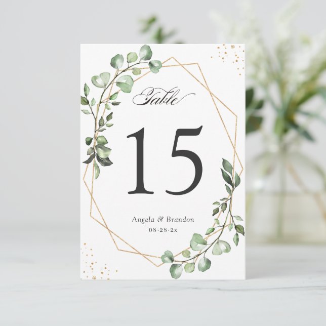 Eucalyptus Leaves Geometric Wedding Table Numbers (Standing Front)