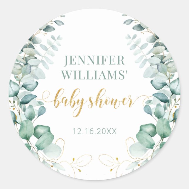 Eucalyptus leaves gold baby shower round stickers (Front)