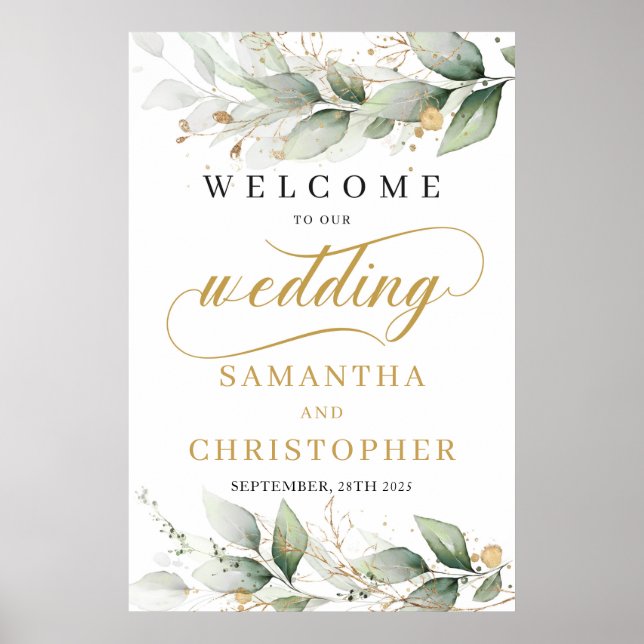 Eucalyptus leaves gold boho wedding welcome sign (Front)