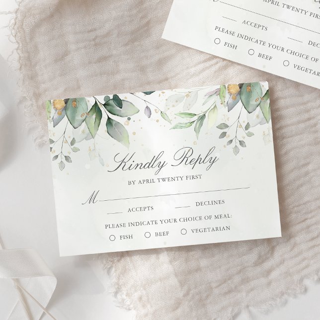 Eucalyptus Leaves Gold Meal Options Wedding RSVP Card (Creator Uploaded)