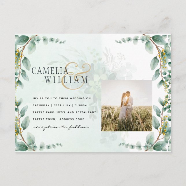 Eucalyptus Leaves GOLD WEDDING QR CODE BUDGET Postcard (Front)