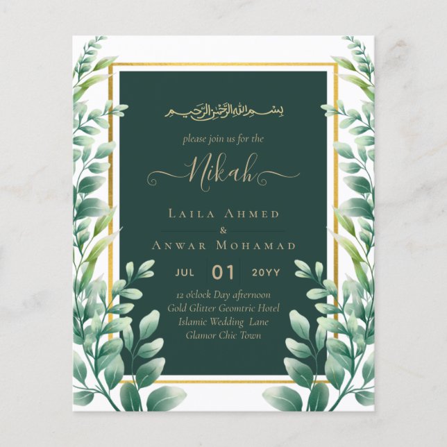 Eucalyptus Leaves GOLD WEDDING QR CODE INVITE RSVP Flyer (Front)