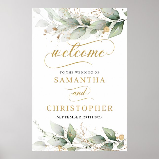 Eucalyptus leaves gold wedding welcome sign (Front)