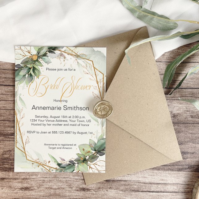 Eucalyptus Leaves Golden Greenery Bridal Shower Invitation (Creator Uploaded)