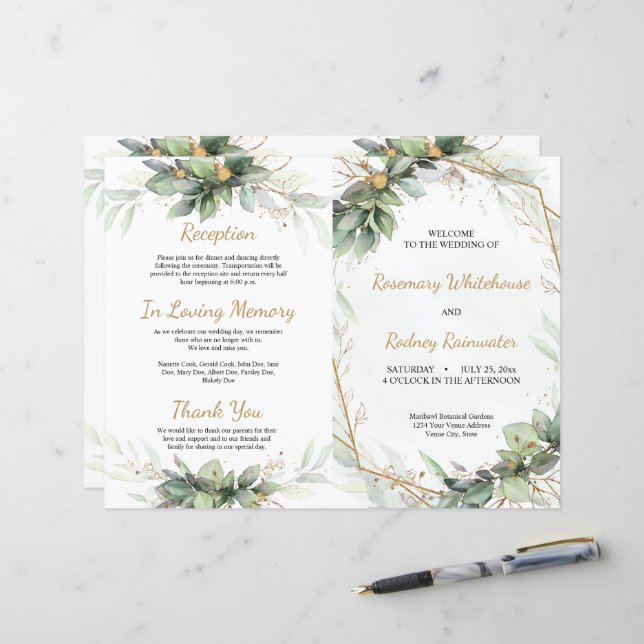 Eucalyptus Leaves Golden Greenery Wedding Program (Front/Back In Situ)