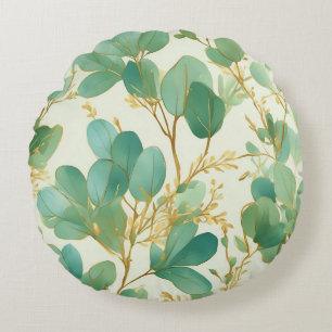 Eucalyptus Leaves Green and Gold Design Round Pillow