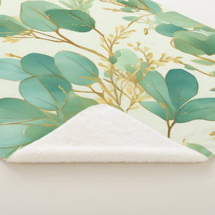 Eucalyptus Leaves Green and Gold Design Sherpa Blanket