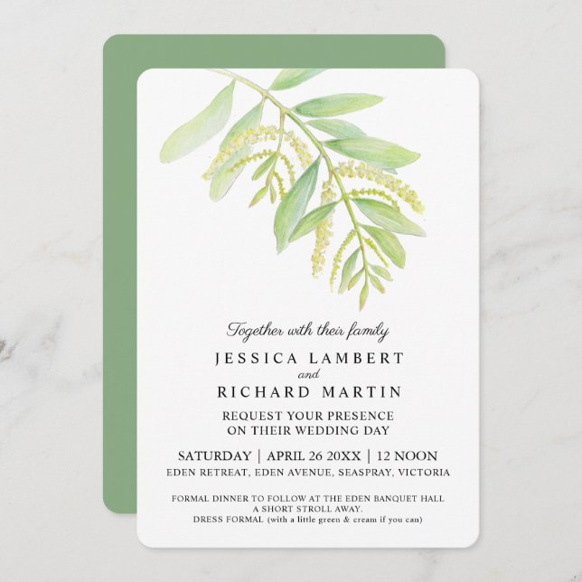  Eucalyptus leaves green water wedding  invitation (Front/Back)