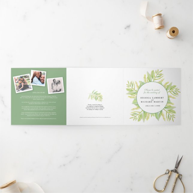  Eucalyptus leaves green watercolor wedding  Tri-Fold Programme (Outside)
