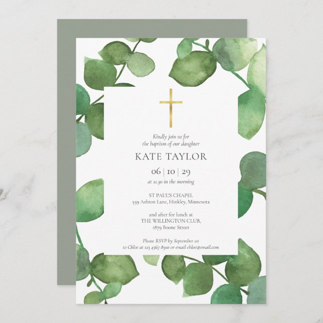 Eucalyptus Leaves Greenery Baptism Christening Invitation (Front/Back)