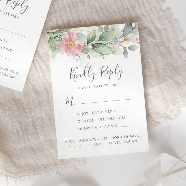 Eucalyptus Leaves Greenery Pink Floral Wedding RSVP Card (Creator Uploaded)