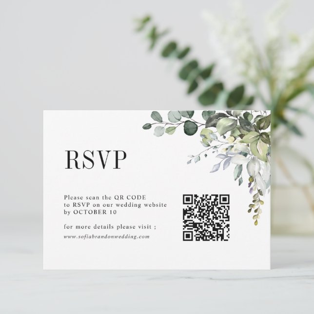 Eucalyptus Leaves Greenery Rustic Wedding QR Code  RSVP Card (Standing Front)