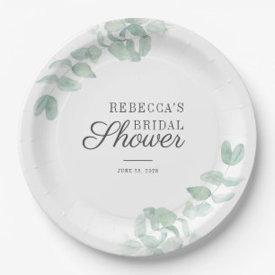 Eucalyptus Leaves Greenery Script Bridal Shower Paper Plate