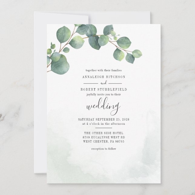 Eucalyptus Leaves Greenery Script Wedding Invitation (Front)