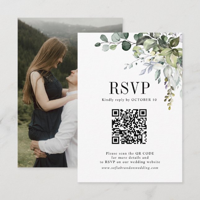 Eucalyptus Leaves Greenery Wedding QR Code Photo RSVP Card (Front/Back)