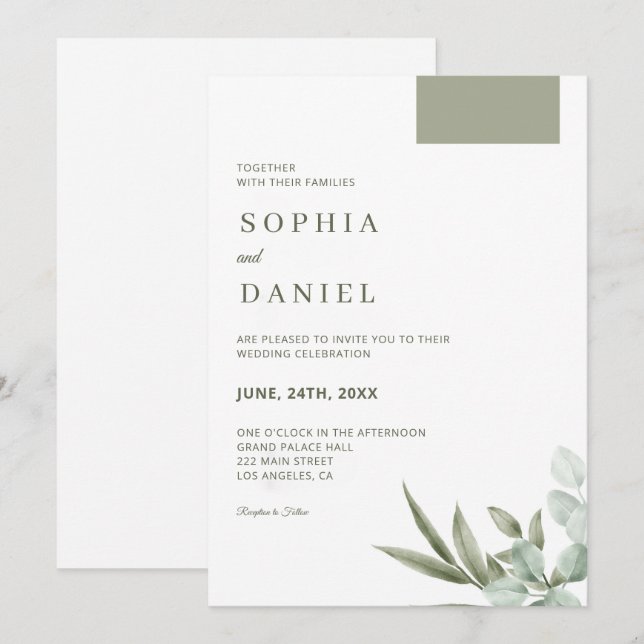 Eucalyptus Leaves Minimalist Wedding Invitation (Front/Back)