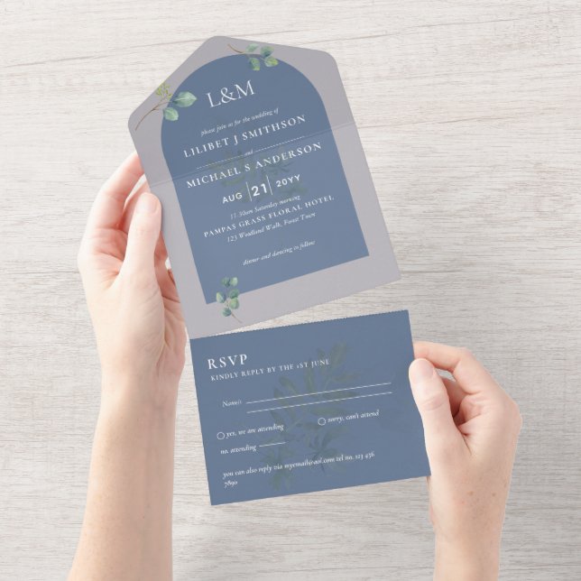 Eucalyptus Leaves Overlay Arch Wedding All In One Invitation (Tearaway)