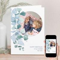 Eucalyptus Leaves Round Photo Happy Birthday Card