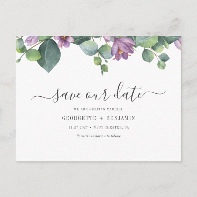 Eucalyptus Leaves Script Greenery Save the Date Announcement Postcard (Front)
