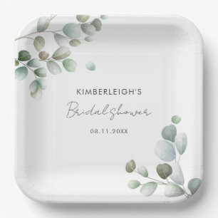 Eucalyptus Leaves Script Minimal Bridal Shower Paper Plate