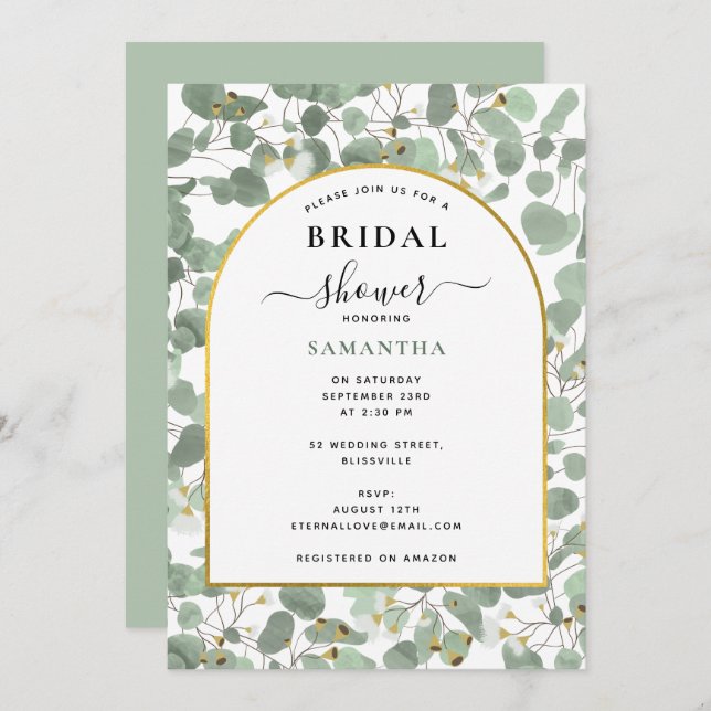 Eucalyptus Leaves Silver Dollar Gold Bridal Shower Invitation (Front/Back)